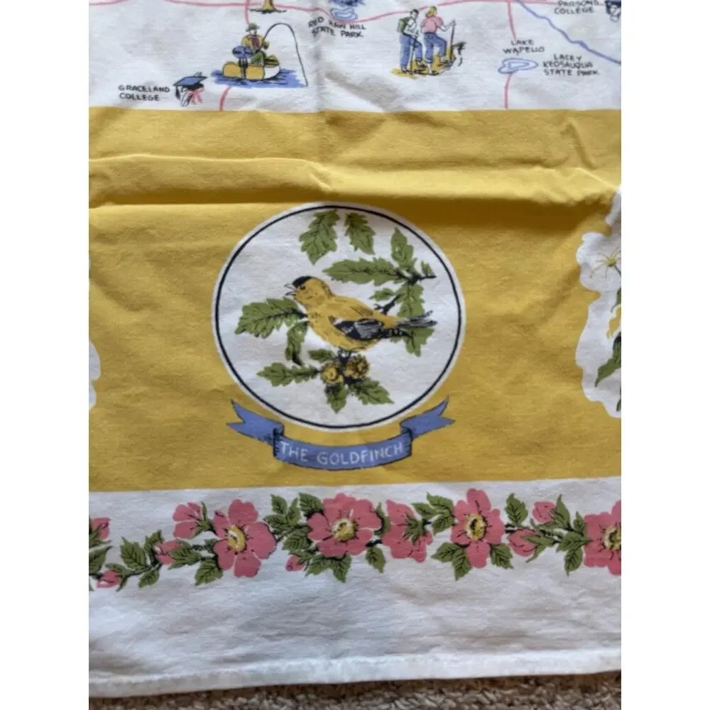 Vintage Iowa State Souvenir Tablecloth 44” Square Hawkeye State Map Cotton 60s